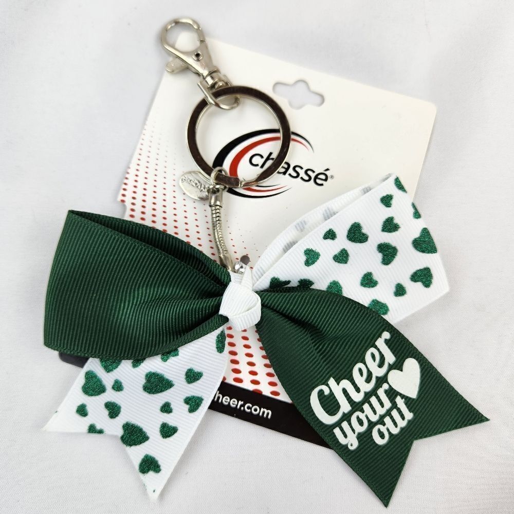 💜NWT Chasse Green & White "Cheer Your 🤍 Out" Cheerleading Bow Keychain